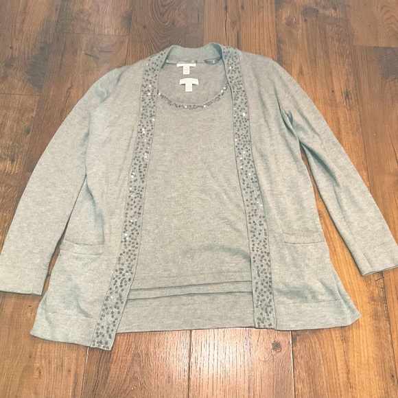 Charter club light gray open cardigan and sweater tank sweater set with sequins - Picture 2 of 13